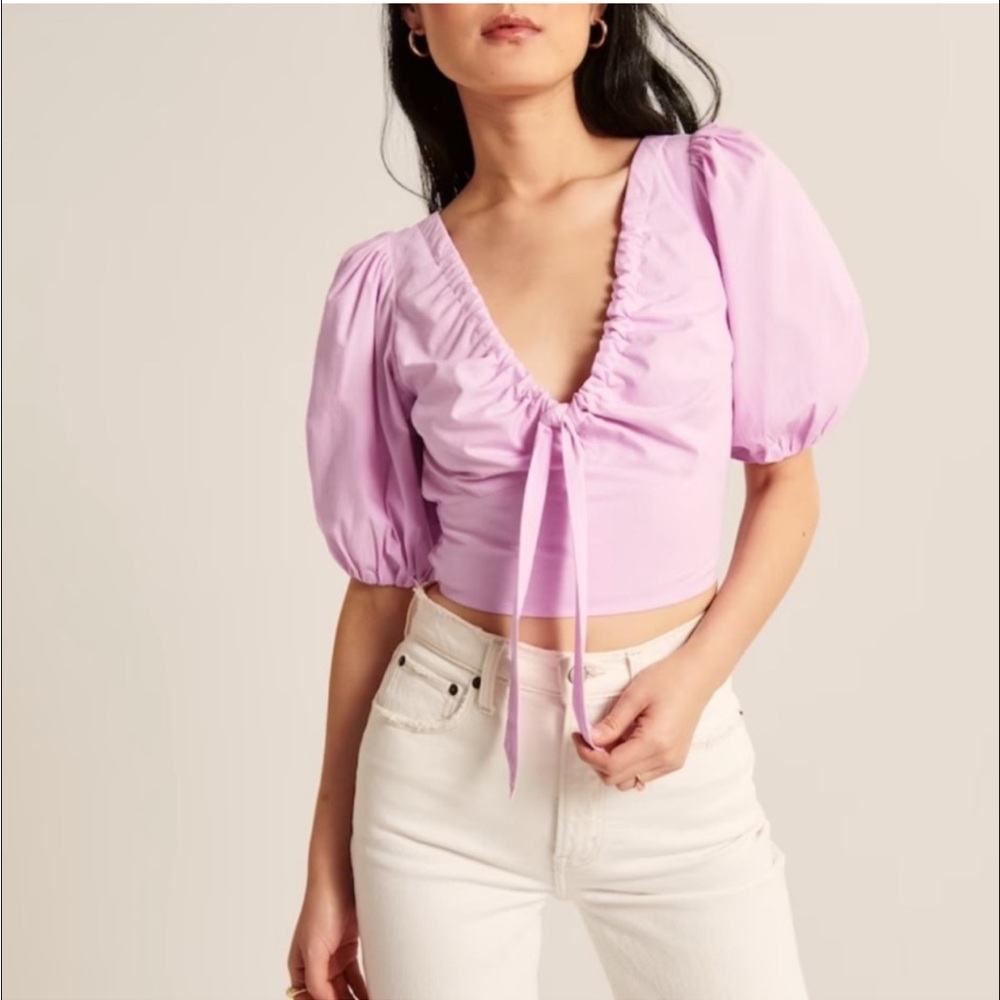 Abercrombie & Fitch Pink Puff-Sleeve Tie-Front Crop Top